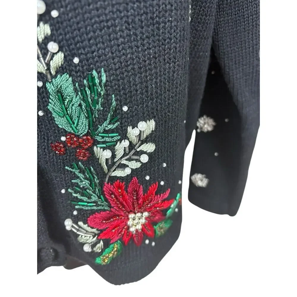 Victoria Jones Sweater Womens Size P/M Black‎ Wool Fur Collar Christmas Cardigan